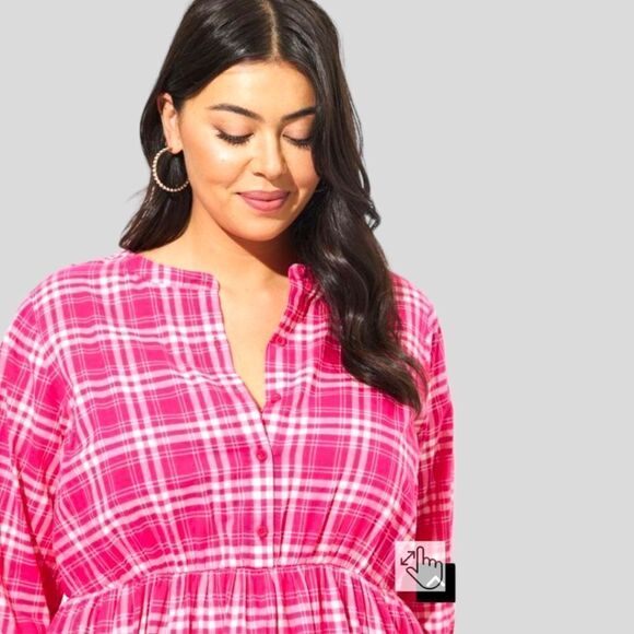 TORRID Plus Size Pink, White Plaid Mini Voile Mandarin Collar Dress. - Picture 6 of 15